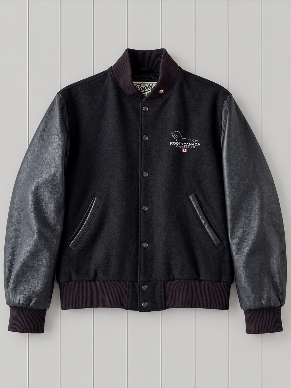 VTG Roots Men Wool Leather Embroidered Equestrian Varsity Jacket MEDIUM Classic
